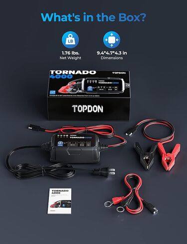 Battery Charger Automotive Trickle Charger Battery Maintainer, TOPDON T4000 4A/1A for 6V/12V Lead-Acid/Lithium ion Batteries Auto Smart Battery Desulfator with Temperature Compensation AGM Deep Cycle in Saudi Arabia