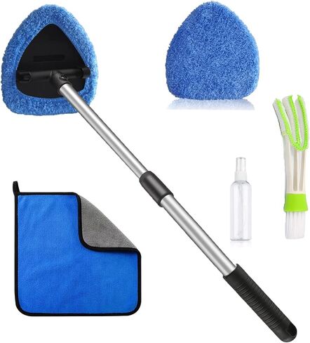 Car Windshield Cleaning Tool Inside Window Defogger Air Conditioning Vent 22.8 in Retractable Handle Rotation 2 Washable Microfiber Cloths Spray Bottles in Kuwait