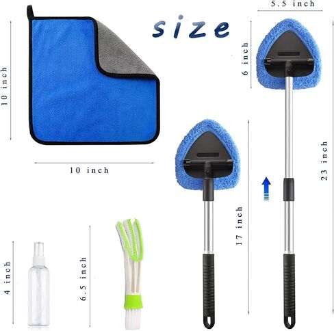 Car Windshield Cleaning Tool Inside Window Defogger Air Conditioning Vent 22.8 in Retractable Handle Rotation 2 Washable Microfiber Cloths Spray Bottles in Kuwait