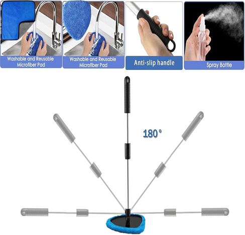 Car Windshield Cleaning Tool Inside Window Defogger Air Conditioning Vent 22.8 in Retractable Handle Rotation 2 Washable Microfiber Cloths Spray Bottles in Kuwait