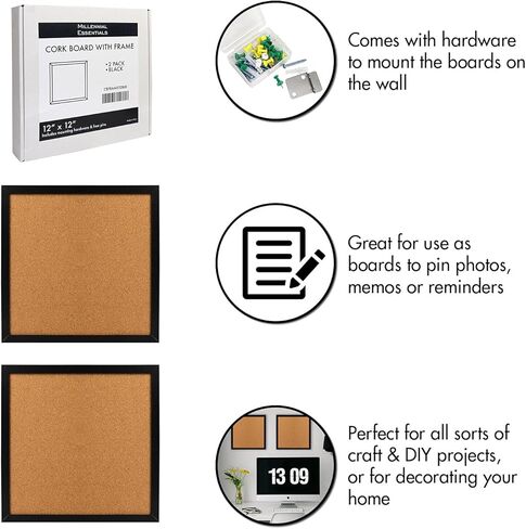 لوحة إعلانات الفلين مقاس 12 بوصة × 12 بوصة مربعة من بلاط الفلين بإطار أسود للجدران، لوحة الفلين الحديثة للمنزل والمدرسة والمكتب (عبوتان، دبابيس دفع وأدوات تركيب متضمنة) in Kuwait