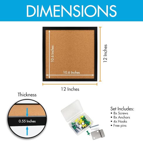 لوحة إعلانات الفلين مقاس 12 بوصة × 12 بوصة مربعة من بلاط الفلين بإطار أسود للجدران، لوحة الفلين الحديثة للمنزل والمدرسة والمكتب (عبوتان، دبابيس دفع وأدوات تركيب متضمنة) in Kuwait