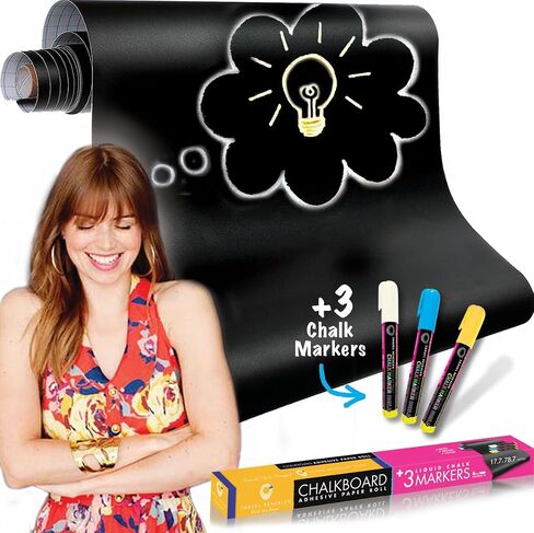 Chalkboard Contact Paper Self Adhesive Dry Erase Contact Paper Roll +3 Liquid Chalk Markers 17.7x78.7 Wallpaper Stick & Peel Removable Contact Paper Blackboard Vinyl Black Stickers in Saudi Arabia