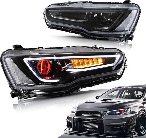 VLAND Led Headlights Compatible with Mitsubishi Lancer& EVO X 2008-2020 Projector Front lamp Assembly w/Smoke Lens w/Sequential w/Black Housing in Kuwait