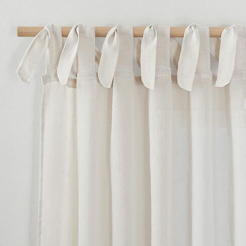 NICETOWN Beige Semi Sheer Linen Curtains 84 inch Long 2 Panels, Adjustable Tie Top DIY Crafted Flax Linen Sheer Drapes Privacy with Light Filtering for Bedroom/Living Room, W52 x L84 in Kuwait