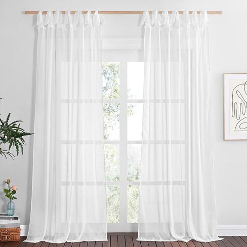 NICETOWN Beige Semi Sheer Linen Curtains 84 inch Long 2 Panels, Adjustable Tie Top DIY Crafted Flax Linen Sheer Drapes Privacy with Light Filtering for Bedroom/Living Room, W52 x L84 in Kuwait