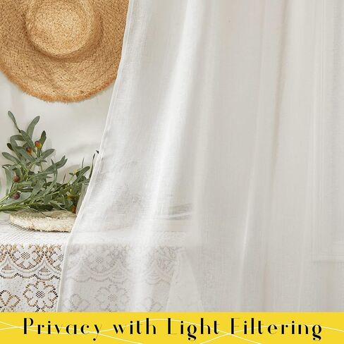 NICETOWN Beige Semi Sheer Linen Curtains 84 inch Long 2 Panels, Adjustable Tie Top DIY Crafted Flax Linen Sheer Drapes Privacy with Light Filtering for Bedroom/Living Room, W52 x L84 in Kuwait