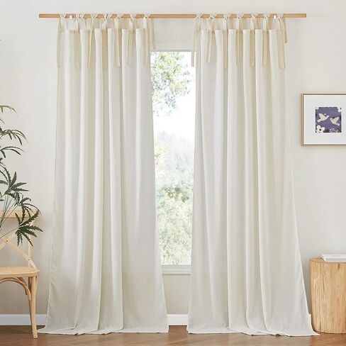 NICETOWN Beige Semi Sheer Linen Curtains 84 inch Long 2 Panels, Adjustable Tie Top DIY Crafted Flax Linen Sheer Drapes Privacy with Light Filtering for Bedroom/Living Room, W52 x L84 in Kuwait