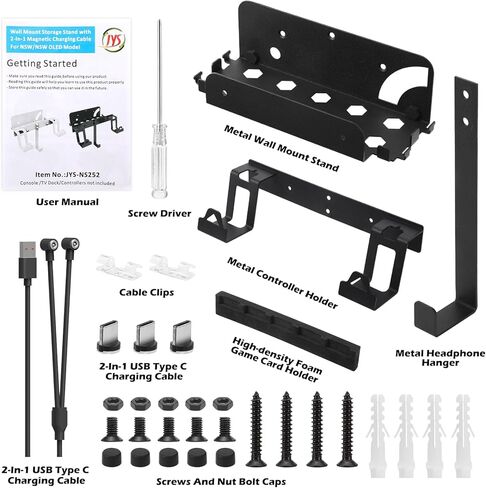 Jhua Wall Mount for Nintendo Switch/Switch OLED Metal Wall Mount Kit Sturdy Wall Shelf Accessories with 2 Controller Holder Headphone Hanger Charging Cable 5 Game Card Holders 4 Joy Con Hanger in Kuwait