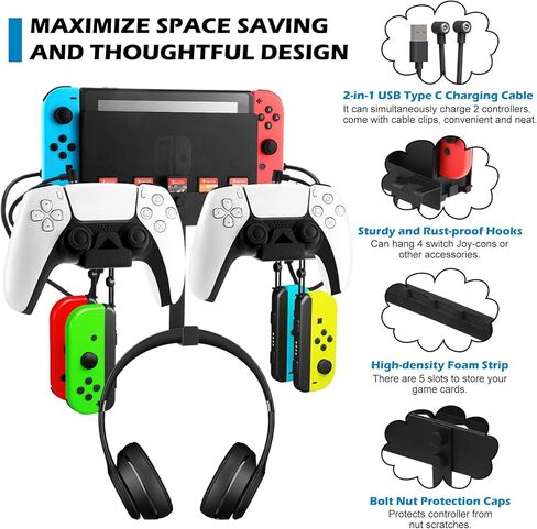 Jhua Wall Mount for Nintendo Switch/Switch OLED Metal Wall Mount Kit Sturdy Wall Shelf Accessories with 2 Controller Holder Headphone Hanger Charging Cable 5 Game Card Holders 4 Joy Con Hanger in Kuwait