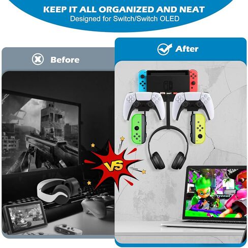 Jhua Wall Mount for Nintendo Switch/Switch OLED Metal Wall Mount Kit Sturdy Wall Shelf Accessories with 2 Controller Holder Headphone Hanger Charging Cable 5 Game Card Holders 4 Joy Con Hanger in Kuwait