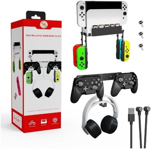Jhua Wall Mount for Nintendo Switch/Switch OLED Metal Wall Mount Kit Sturdy Wall Shelf Accessories with 2 Controller Holder Headphone Hanger Charging Cable 5 Game Card Holders 4 Joy Con Hanger in Kuwait