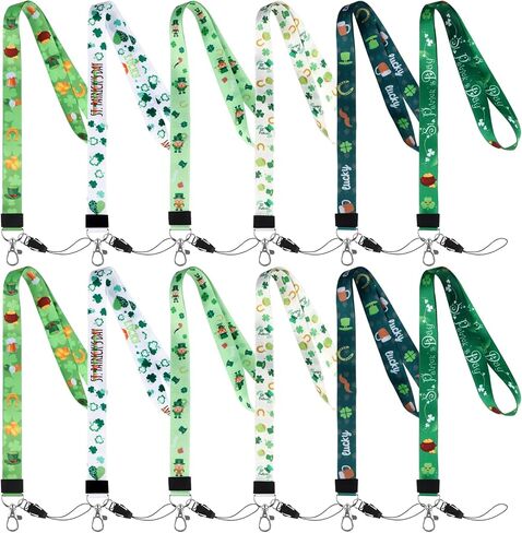 12 Pcs St. Patrick's Day Badge Lanyard Keychain ID Badges Holder String Horseshoes Gold Pot Beer Shamrock Pattern for Office and Various Party Activities Ireland Decoration 6 Style (Green) in Saudi Arabia