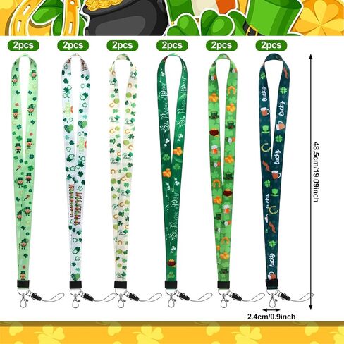 12 Pcs St. Patrick's Day Badge Lanyard Keychain ID Badges Holder String Horseshoes Gold Pot Beer Shamrock Pattern for Office and Various Party Activities Ireland Decoration 6 Style (Green) in Saudi Arabia