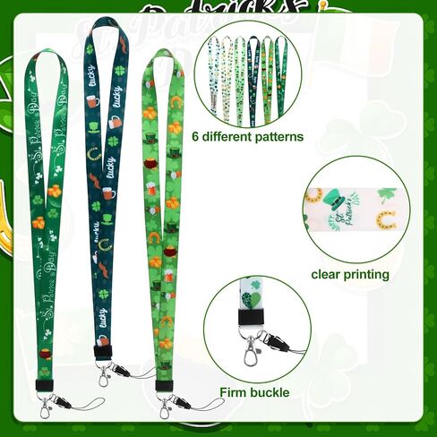 12 Pcs St. Patrick's Day Badge Lanyard Keychain ID Badges Holder String Horseshoes Gold Pot Beer Shamrock Pattern for Office and Various Party Activities Ireland Decoration 6 Style (Green) in Saudi Arabia