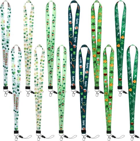 12 Pcs St. Patrick's Day Badge Lanyard Keychain ID Badges Holder String Horseshoes Gold Pot Beer Shamrock Pattern for Office and Various Party Activities Ireland Decoration 6 Style (Green) in Saudi Arabia