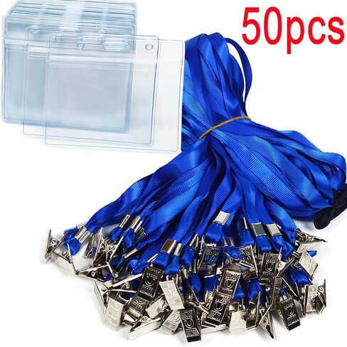 50pack Clear Badge Holder with Lanyard Horizontal Waterproof Plastic Id Name Badge Holder with Lanyards for Name Tag Badge Holders desks Kids School Business Trade Event (Nylon Black) in Saudi Arabia