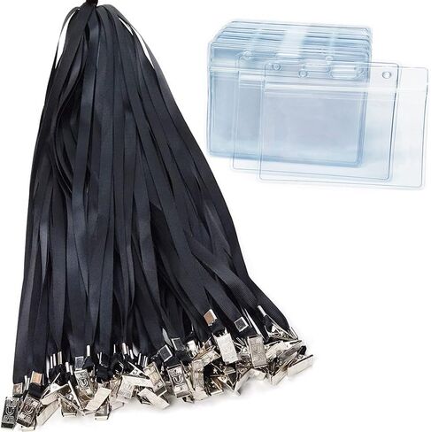 50pack Clear Badge Holder with Lanyard Horizontal Waterproof Plastic Id Name Badge Holder with Lanyards for Name Tag Badge Holders desks Kids School Business Trade Event (Nylon Black) in Saudi Arabia