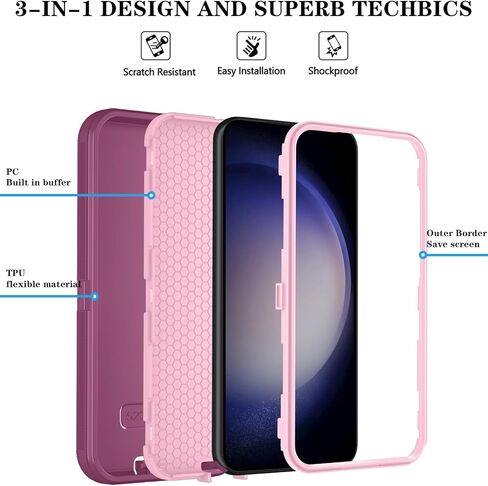 ONOLA for Samsung Galaxy S23 FE Case with HD Screen Protector,[Not fit Galaxy S23 ] Samsung Galaxy S23 FE Phone Case [3 in 1] Heavy Duty Phone Case for Samsung Galaxy S23 FE 5G (WineRed Pink) in Saudi Arabia