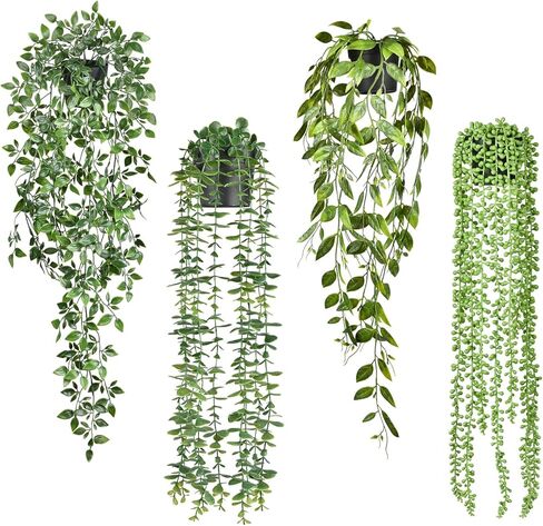 DearHouse 4 عبوات من النباتات الاصطناعية المعلقة، نبات معلق وهمي، كرمة الأوكالبتوس الخضراء بوعاء صناعي، كرمة ماندالا، سلسلة من اللؤلؤ، أوراق البازلاء في وعاء لغرفة المنزل وديكور الرف الداخلي والخارجي in Kuwait