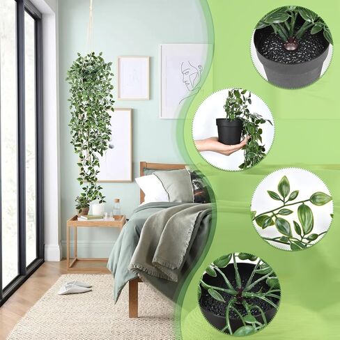 DearHouse 4 عبوات من النباتات الاصطناعية المعلقة، نبات معلق وهمي، كرمة الأوكالبتوس الخضراء بوعاء صناعي، كرمة ماندالا، سلسلة من اللؤلؤ، أوراق البازلاء في وعاء لغرفة المنزل وديكور الرف الداخلي والخارجي in Kuwait