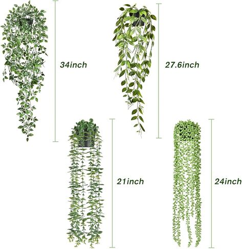 DearHouse 4 عبوات من النباتات الاصطناعية المعلقة، نبات معلق وهمي، كرمة الأوكالبتوس الخضراء بوعاء صناعي، كرمة ماندالا، سلسلة من اللؤلؤ، أوراق البازلاء في وعاء لغرفة المنزل وديكور الرف الداخلي والخارجي in Kuwait