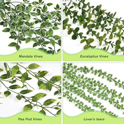 DearHouse 4 عبوات من النباتات الاصطناعية المعلقة، نبات معلق وهمي، كرمة الأوكالبتوس الخضراء بوعاء صناعي، كرمة ماندالا، سلسلة من اللؤلؤ، أوراق البازلاء في وعاء لغرفة المنزل وديكور الرف الداخلي والخارجي in Kuwait