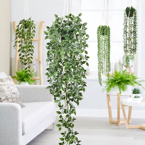 DearHouse 4 عبوات من النباتات الاصطناعية المعلقة، نبات معلق وهمي، كرمة الأوكالبتوس الخضراء بوعاء صناعي، كرمة ماندالا، سلسلة من اللؤلؤ، أوراق البازلاء في وعاء لغرفة المنزل وديكور الرف الداخلي والخارجي in Kuwait