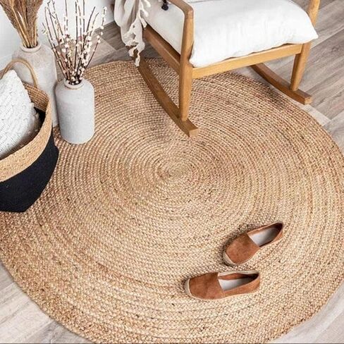 Round Area Jute Rug 3 Foot Boho Rugs Natural Living Room Area Rug - Round, Boho Natural, Handmade Charm Farmhouse Jute, Ideal for High Traffic Areas in in Saudi Arabia