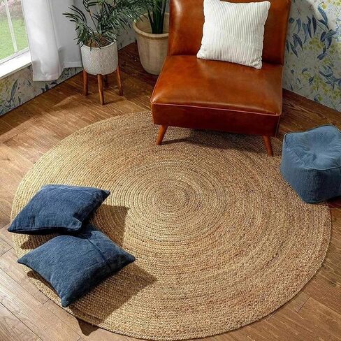 Round Area Jute Rug 3 Foot Boho Rugs Natural Living Room Area Rug - Round, Boho Natural, Handmade Charm Farmhouse Jute, Ideal for High Traffic Areas in in Saudi Arabia