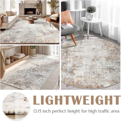 jinchan Round Rug 4ft Area Rug Indoor Modern Circle Rug 4' Round Washable Thin Rug Abstract Distressed Floor Mat Grey Multi Print Non Slip Carpet Overdyed Kitchen Contemporary Living Room Dining Room in Saudi Arabia