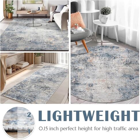 jinchan Round Rug 4ft Area Rug Indoor Modern Circle Rug 4' Round Washable Thin Rug Abstract Distressed Floor Mat Grey Multi Print Non Slip Carpet Overdyed Kitchen Contemporary Living Room Dining Room in Saudi Arabia