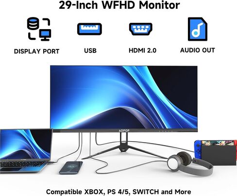 شاشة IPS فائقة الاتساع مقاس 29 بوصة، شاشة 2560*1080 بكسل 21:9 WFHD، 75 هرتز 99% sRGB DP HDMI شاشة كمبيوتر للألعاب المنزلية والمكتبية، إضاءة زرقاء منخفضة HDR، مضادة للتوهج، مزامنة حرة، مكبرات صوت مدمجة، متوافقة مع VESA in Saudi Arabia