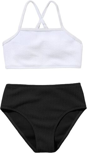 SHENHE Girl's 2 Piece High Waisted Bikini Sets Criss Cross Spaghetti Strap Swimsuit Bathing Suit Black and White 160 in Saudi Arabia
