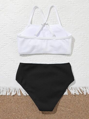 SHENHE Girl's 2 Piece High Waisted Bikini Sets Criss Cross Spaghetti Strap Swimsuit Bathing Suit Black and White 160 in Saudi Arabia