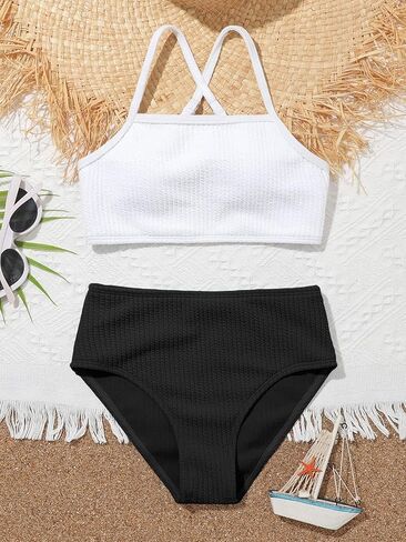 SHENHE Girl's 2 Piece High Waisted Bikini Sets Criss Cross Spaghetti Strap Swimsuit Bathing Suit Black and White 160 in Saudi Arabia