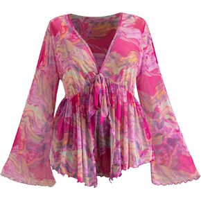 GORGLITTER Women's Plus Size Mesh Bell Sleeve Top 70s Tie Front Paisley Boho Peplum Babydoll Tops Blouse in Kuwait