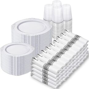 أطباق بلاستيكية ذهبية من نيرفور 700 قطعة - أطقم أواني طعام بلاستيكية ذهبية لـ 100 ضيف - 200 طبق ذهبي للاستعمال مرة واحدة، 300 طبق فضي بلاستيكي ذهبي، 100 كوب، 100 منديل لحفلات الزفاف والحفلات وعيد الشكر in Kuwait