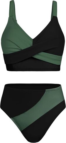 Girls Swimsuits Bikini Set Color Block Criss Cross V Neck Teen Girl Swimsuit Two Piece Cut Bathing Suit in Saudi Arabia