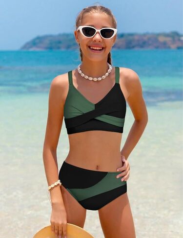 Girls Swimsuits Bikini Set Color Block Criss Cross V Neck Teen Girl Swimsuit Two Piece Cut Bathing Suit in Saudi Arabia