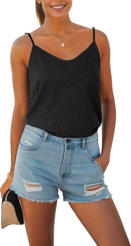 Womens Tank Tops Summer Casual Sleeveless V Neck Camisole Loose Fit Spaghetti Strap Cami Shirts in Saudi Arabia