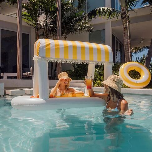 FUNBOY Giant Floating Pink Cabana Stripe Drink Station, Removable Fabric Shade with Fringe, Perfect for Parties, Table-top Decorations and in-Pool Refreshments. in Kuwait