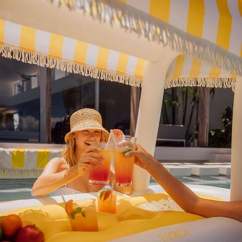 FUNBOY Giant Floating Pink Cabana Stripe Drink Station, Removable Fabric Shade with Fringe, Perfect for Parties, Table-top Decorations and in-Pool Refreshments. in Kuwait