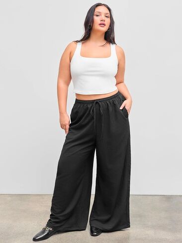 CIDER High Rise Solid Knotted Pocket Wide Leg Trousers Curve & Plus in Saudi Arabia