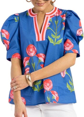 Y2k Women Boho Floral Blouse Puff Short Sleeve V Neck Vintage Flower Print Patchwork Shirt Going Out Tops in Saudi Arabia