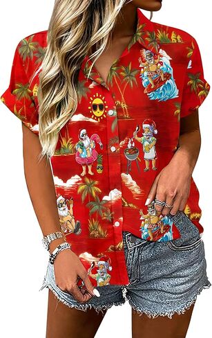 Christmas Hawaiian Shirts Women July Xmas Holiday Button Down Shirt Summer Santa Graphic Blouse Tops in Kuwait
