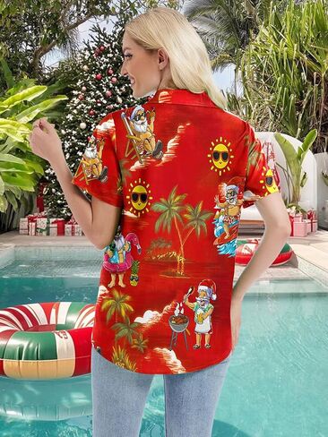 Christmas Hawaiian Shirts Women July Xmas Holiday Button Down Shirt Summer Santa Graphic Blouse Tops in Kuwait