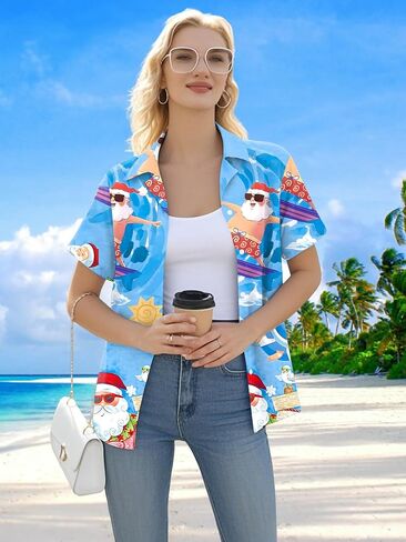 Christmas in July Shirt Women: Christmas Hawaiian Shirts Summer Holiday Beach Blouses Button Up Tops in Saudi Arabia