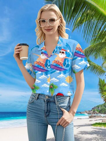 Christmas in July Shirt Women: Christmas Hawaiian Shirts Summer Holiday Beach Blouses Button Up Tops in Saudi Arabia