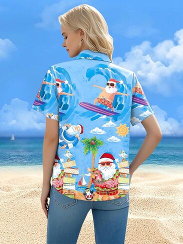 Christmas in July Shirt Women: Christmas Hawaiian Shirts Summer Holiday Beach Blouses Button Up Tops in Saudi Arabia